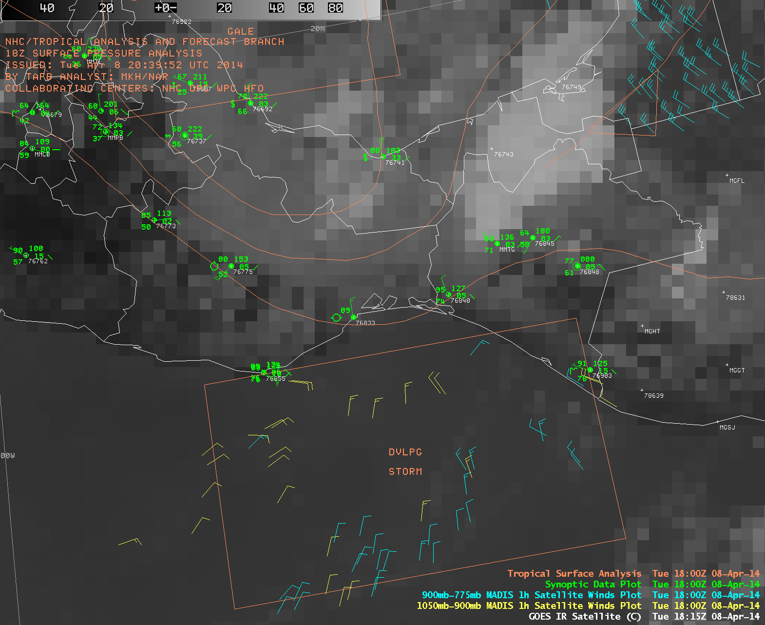 GOES-13 10.7 Âµm IR images with MADIS 1-hour satellite winds (click to play animation)