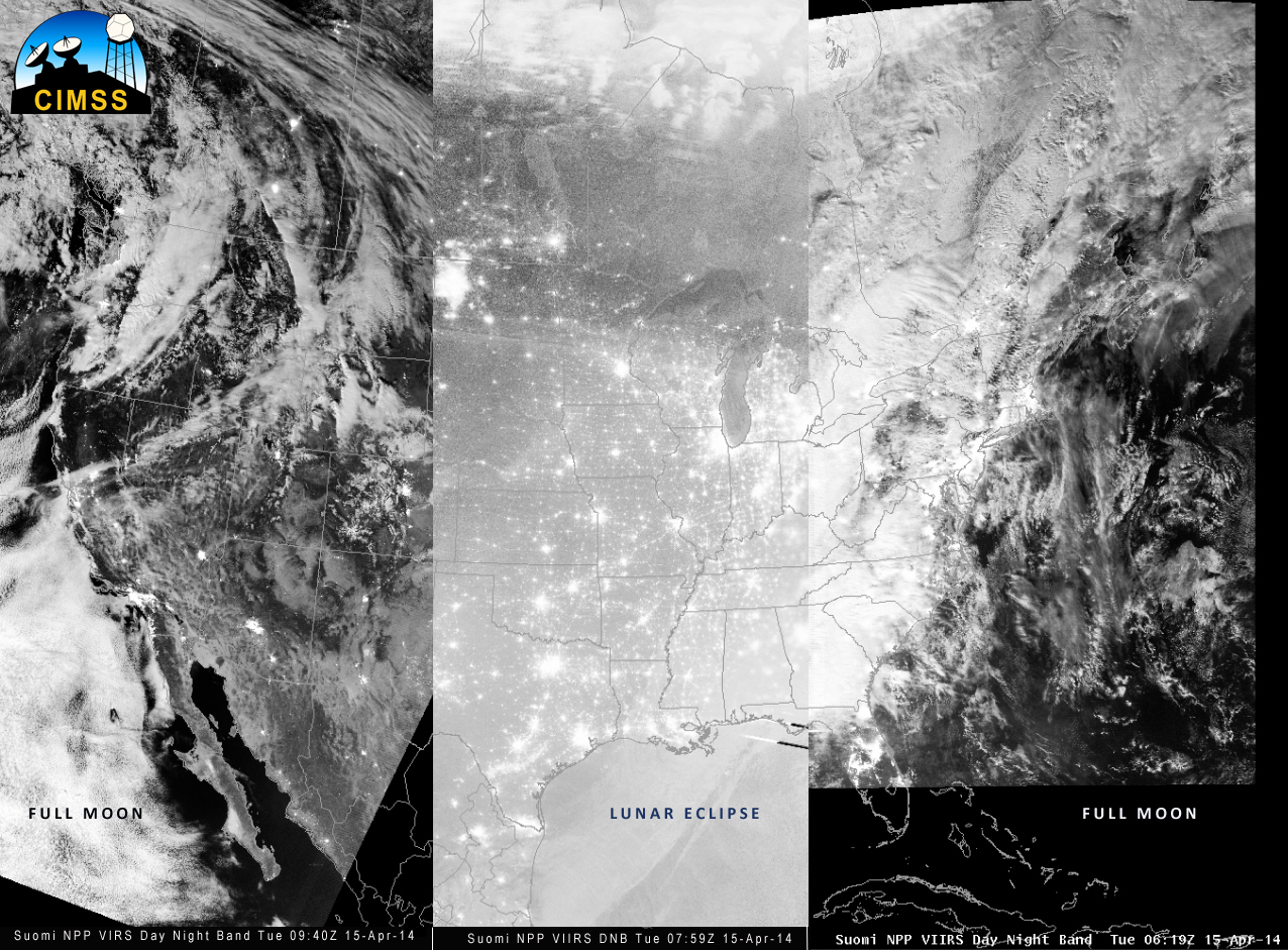 Collage of three successive Suomi NPP VIIRS Day Night Band images, times as indicated