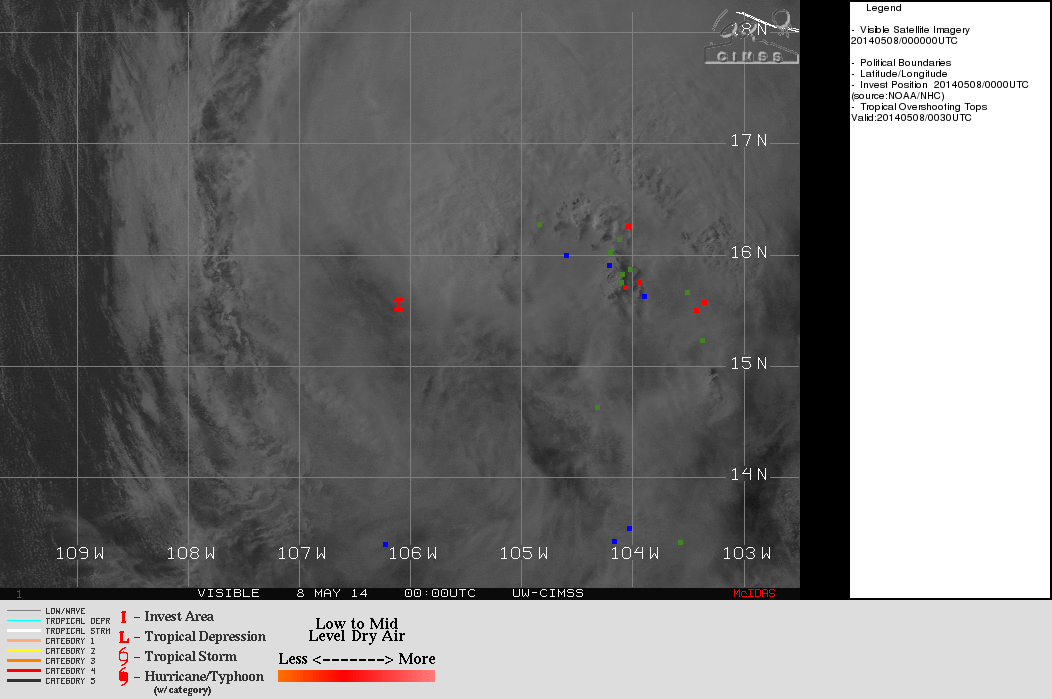 GOES-15 0.63 µm visible channel images, with Tropical Overshooting Tops product (click to play animation