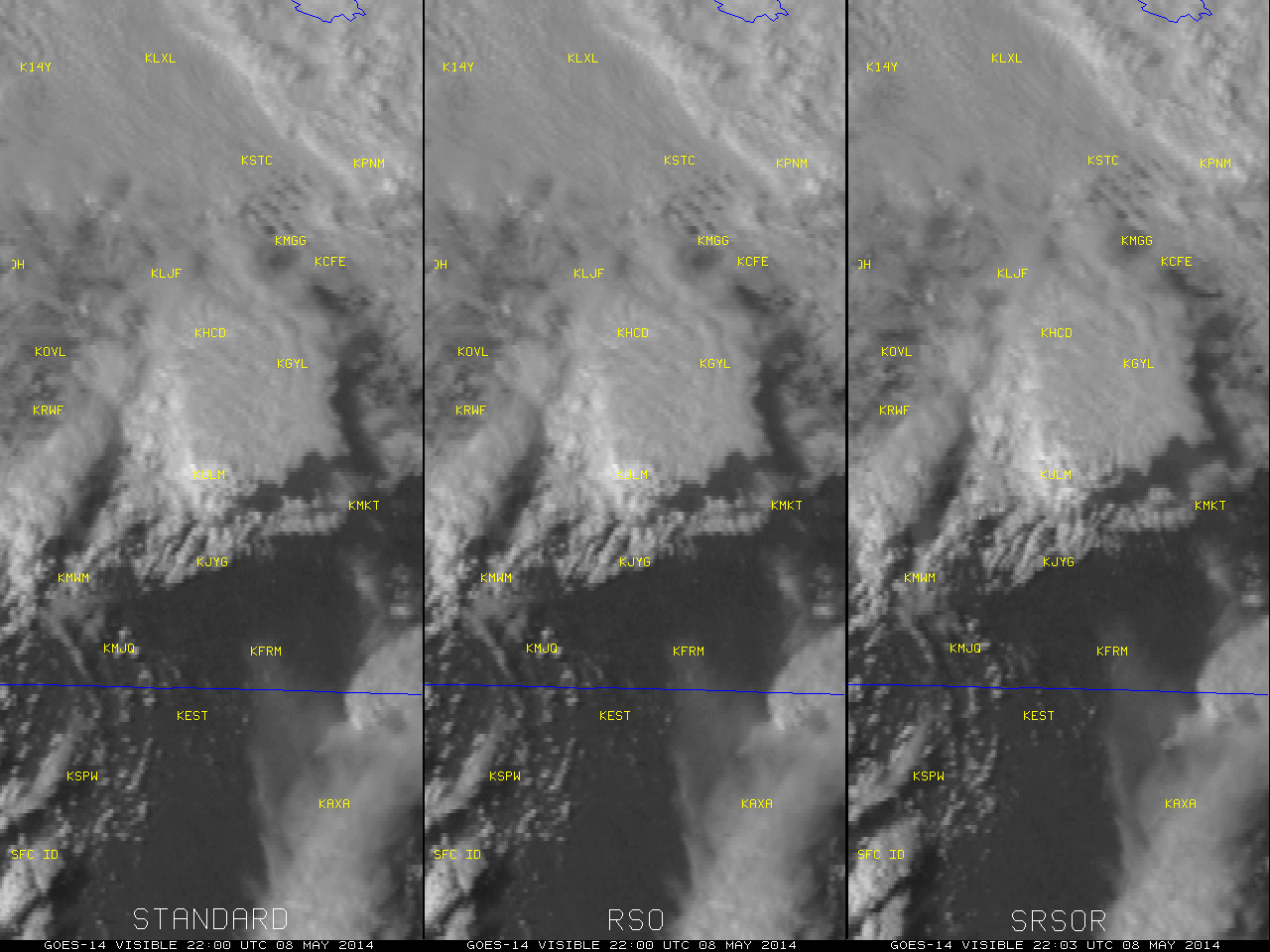 GOES-13 0.63 um visible channel images: Standard 15-minute interval (left), RSO (center), and SRSOR (right) [click image to play animation]
