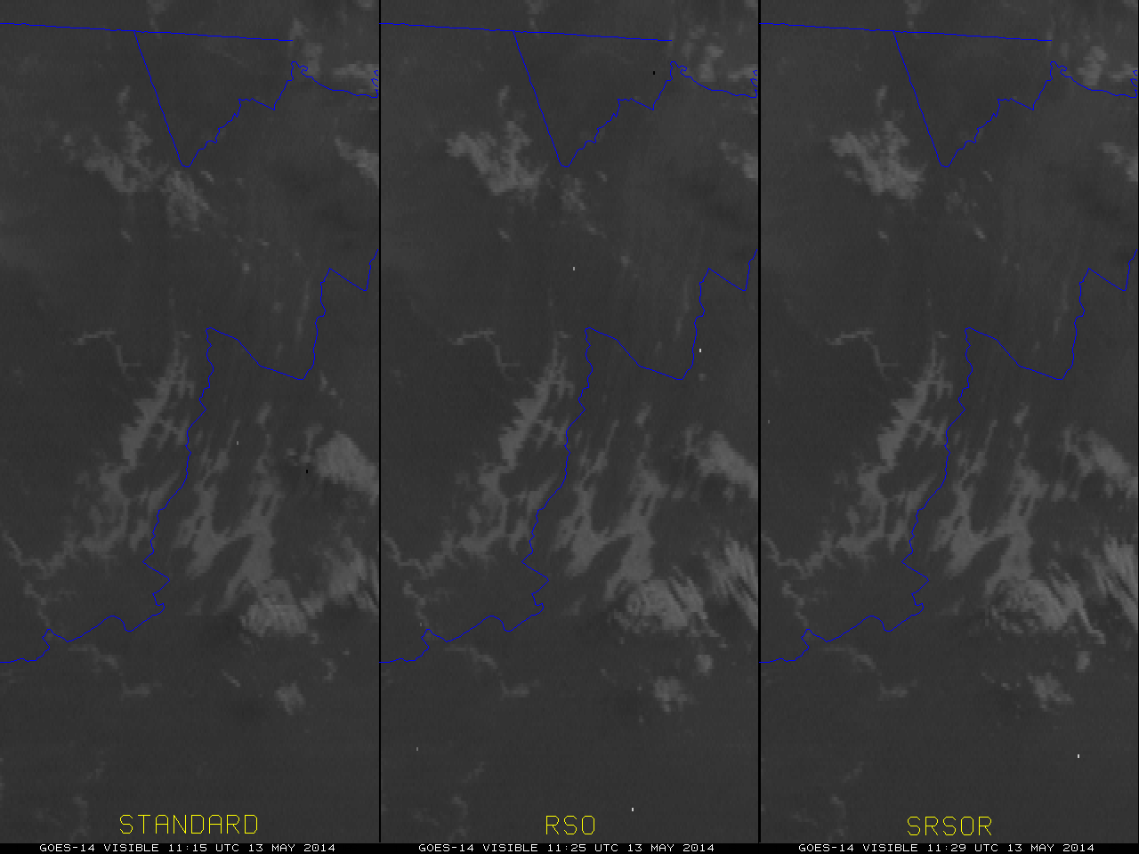 GOES-14 0.63 µm visible channel images: Standard, RSO, and SRSOR scan strategies (click to play MP4 animation)