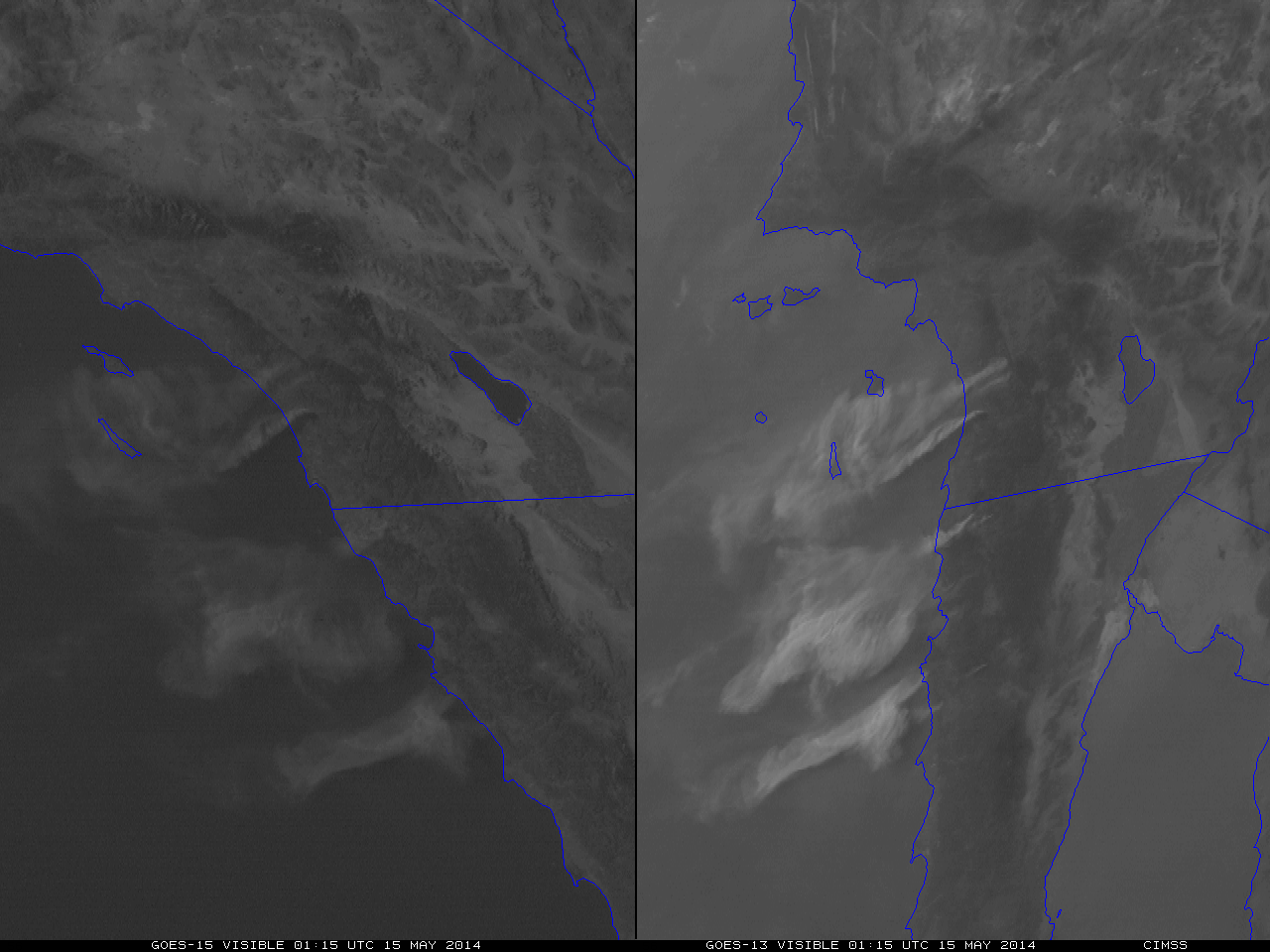 GOES-15 (left) and GOES-13 (right) 0.63 µm visible channel images