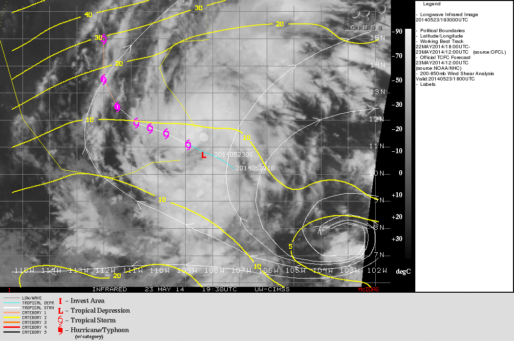 GOES-15 10.7 µm IR image with deep-layer wind shear and forecast storm track