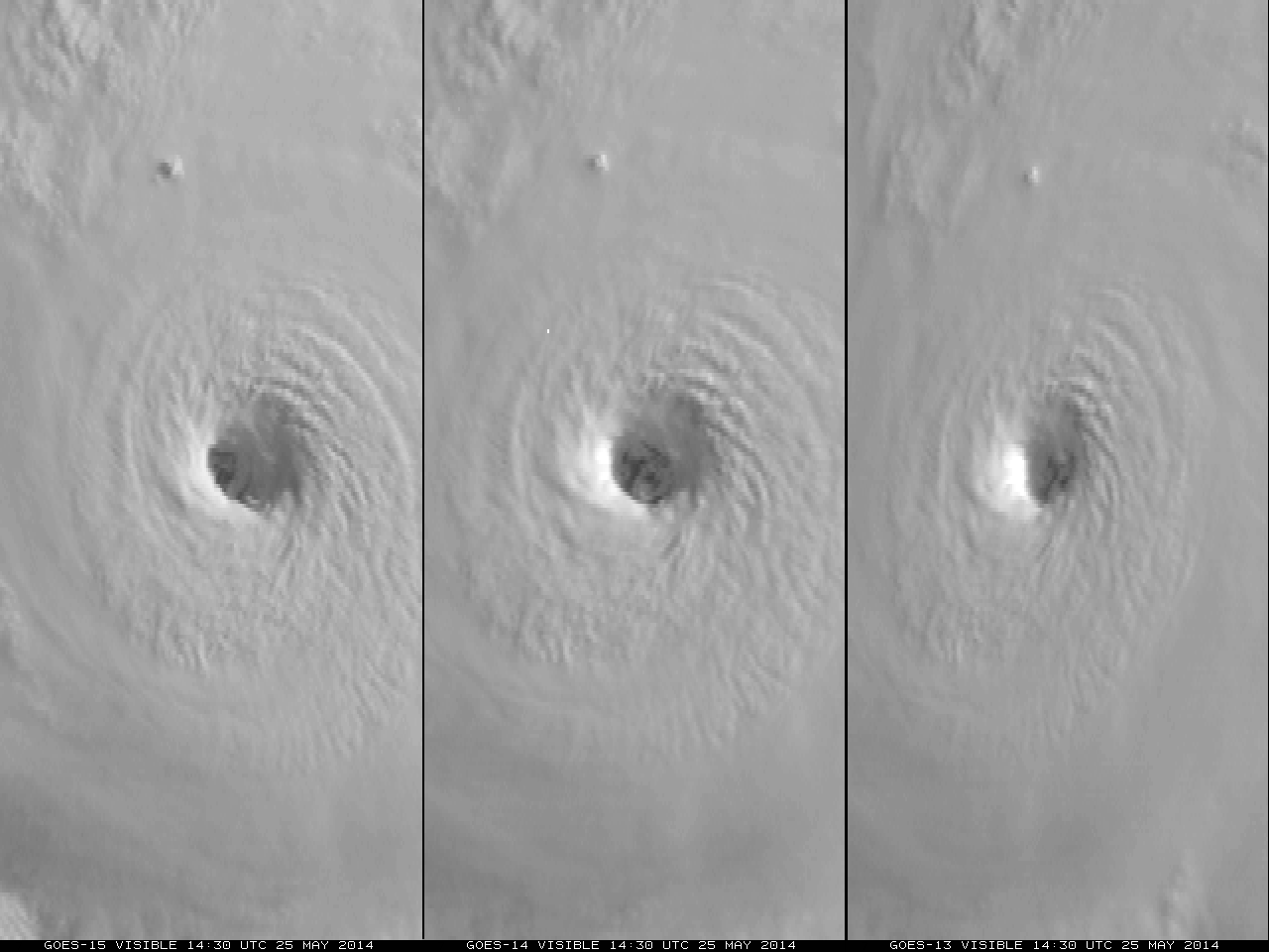 GOES-15 (left), GOES-14 (center), and GOES-13 (right) 0.63 µm visible channel images [click to play animation]