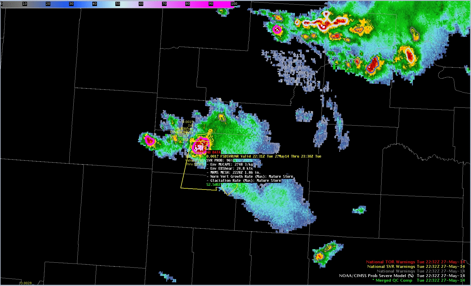 Annotated NOAA/CIMSS ProbSevere over South Dakota, times as indicated (Click to animate)