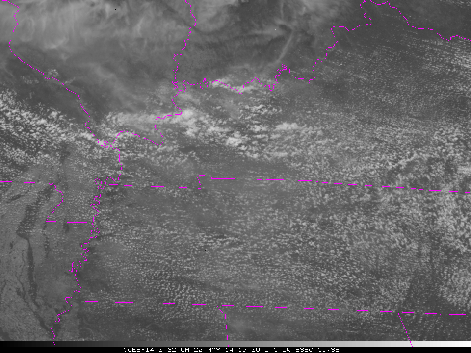 GOES-14 Visible Imagery (0.62 µm) on May 22, times as indicated (click to play animation)