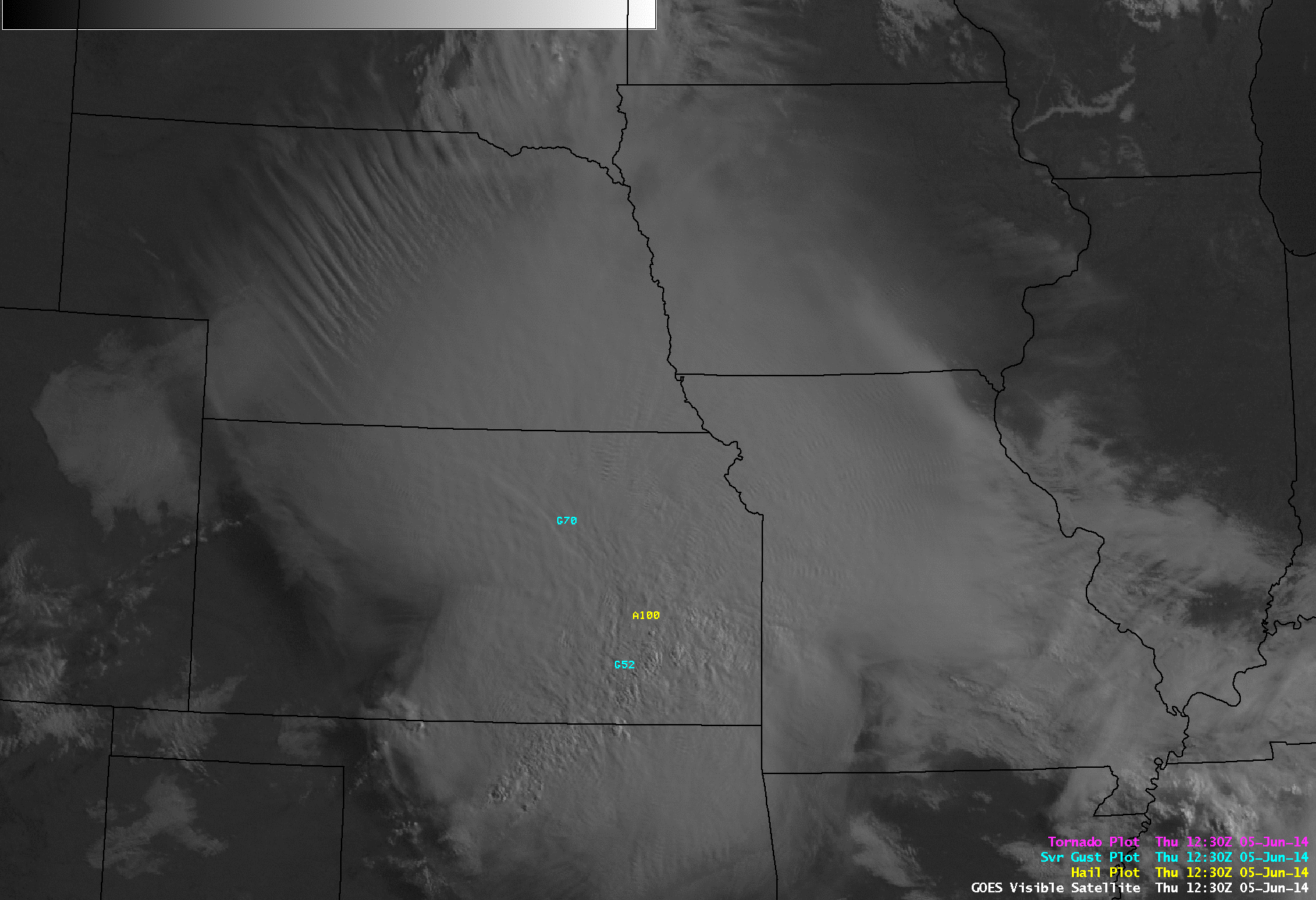 GOES-13 0.63 µm visible channel and 10.7 µm IR channel images at 12:30 UTC
