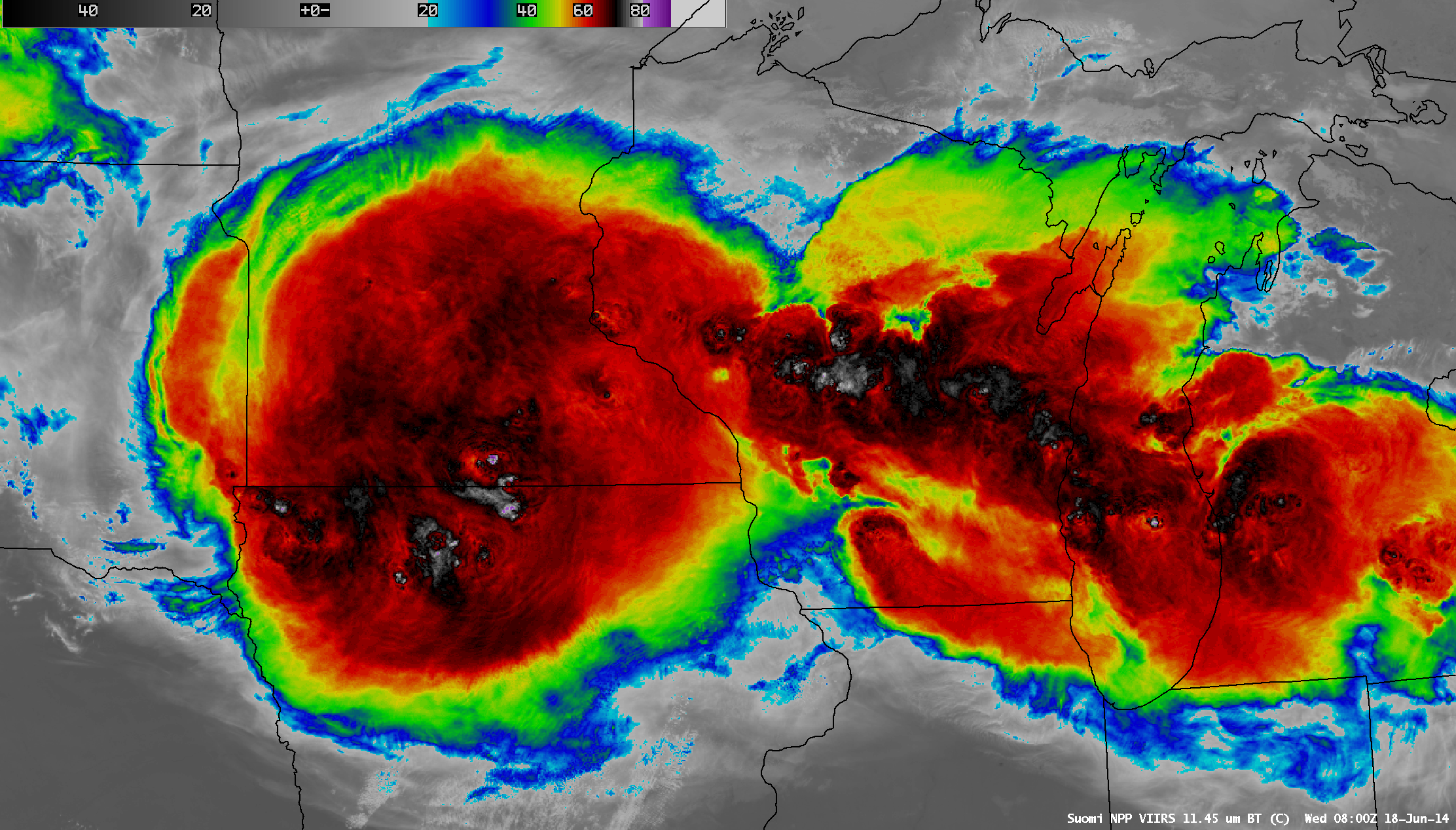 Suomi NPP VIIRS 11.45 µm IR channel and 0.7 µm Day/Night Band images, with cloud-to-ground lightning strikes