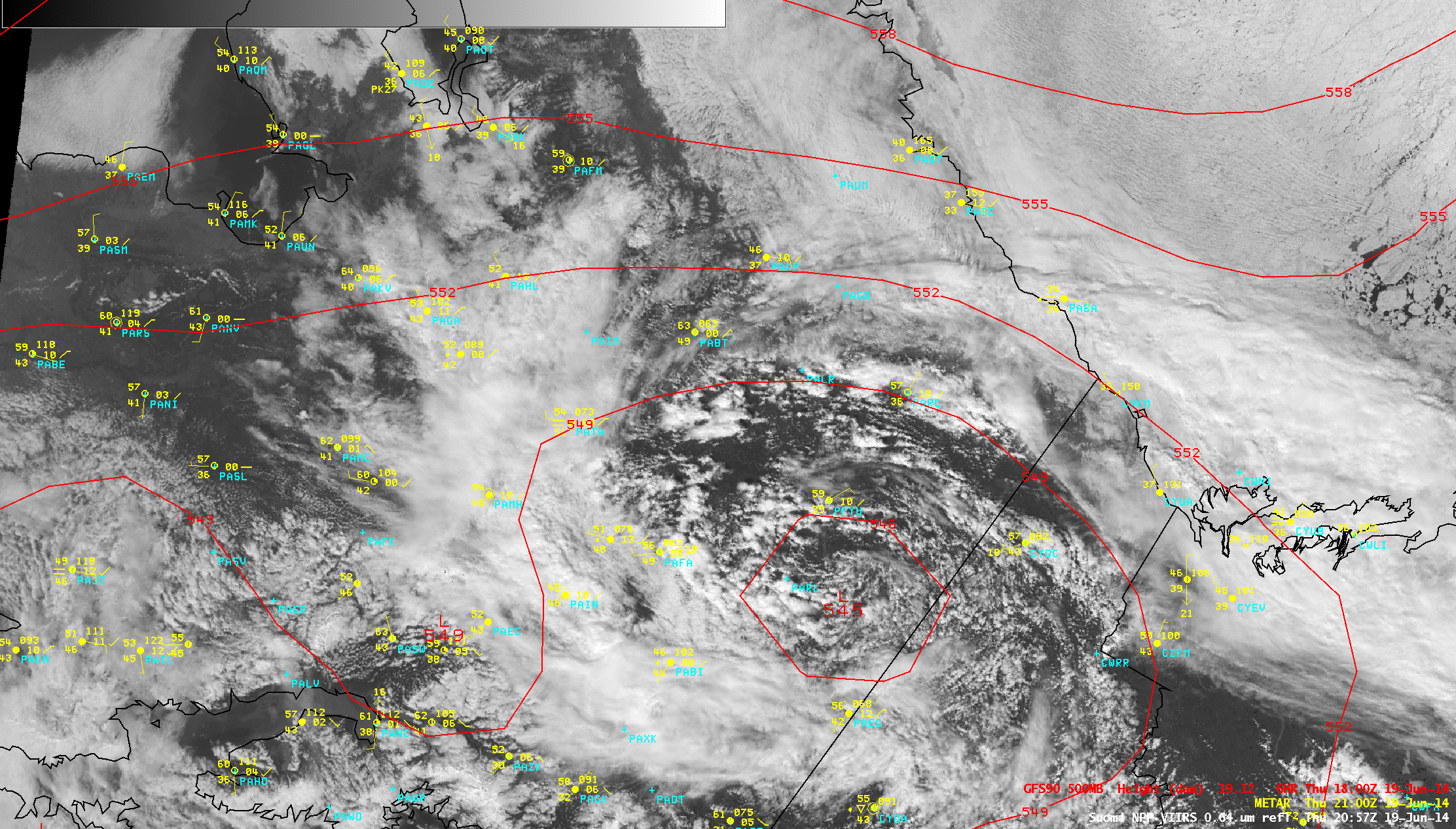 Suomi NPP VIIRS 0.64 µm visible channel images, with contours of GFS90 500 hPa geopotential height