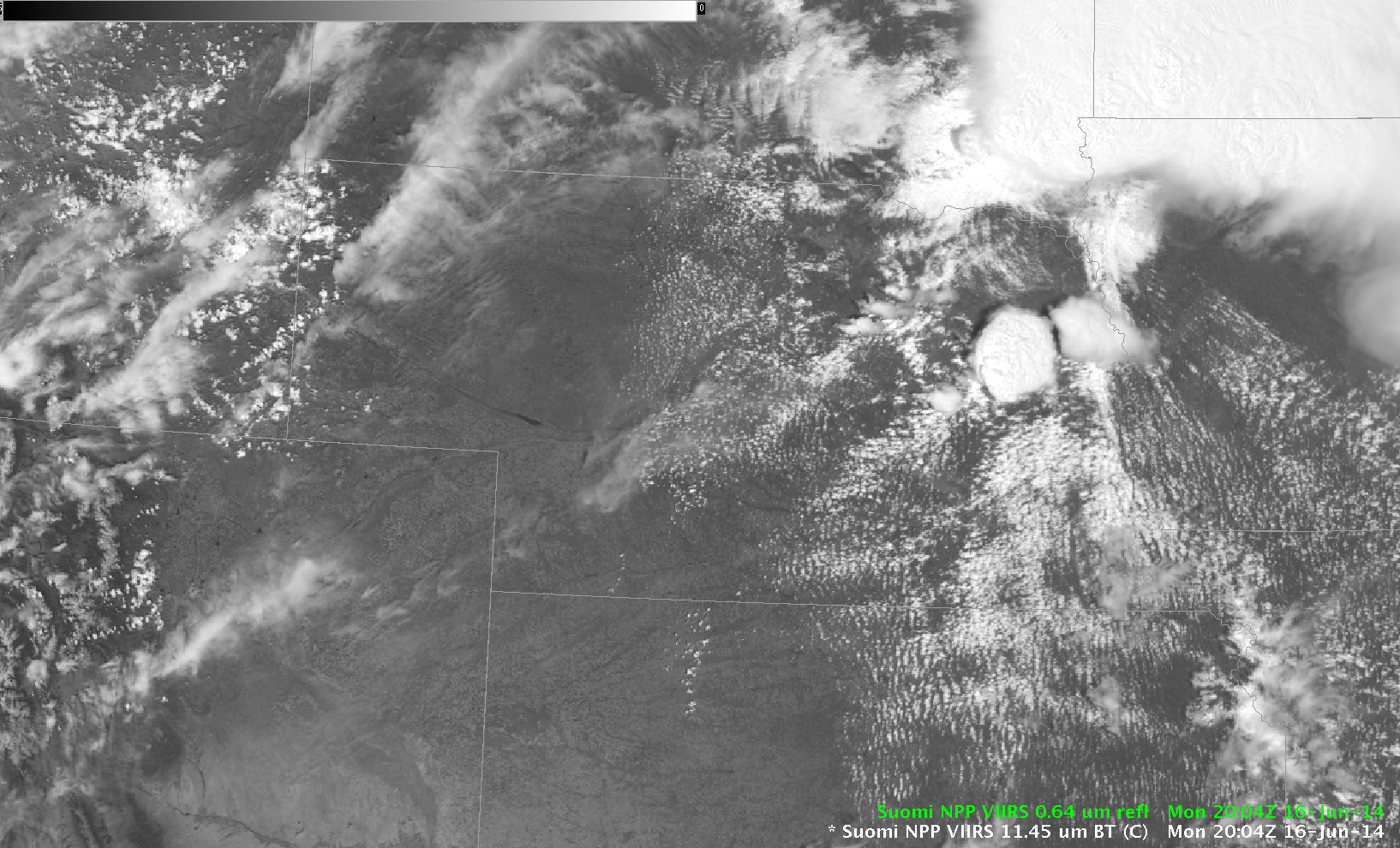 Suomi NPP VIIRS data (0.64 µm, 1.61 µm and 11.45 µm) at 2004 UTC on 16 June 2014 (Click to animate)