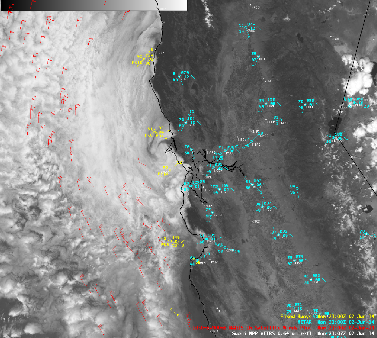 Suomi NPP VIIRS 0.64 µm visible channel image, with surface and buoy observations and 1-hour MADIS satellite winds