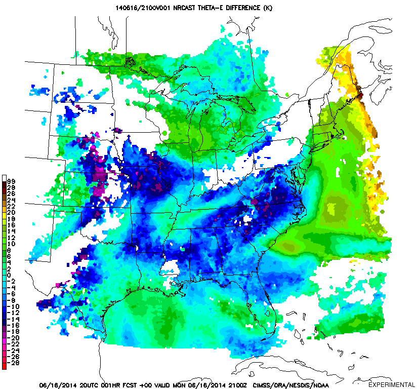 CIMSS NearCast forecasts of Theta-e Differences between two layers, all at 2100 UTC, with initial times at 1800, 1900 and 2000 UTC (click to animate)