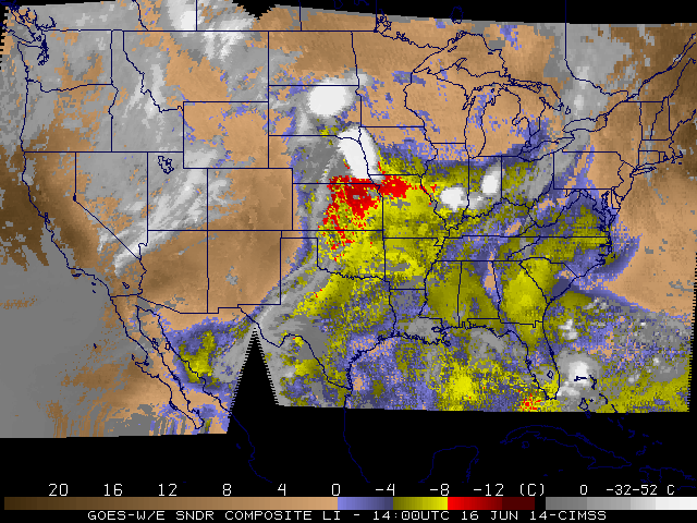 GOES-13 Sounder DPI Analyses of Lifted Index and Convective Available Potential Energy at 1400 and 2000 UTC on 16 June and at 0000 UTC on 17 June