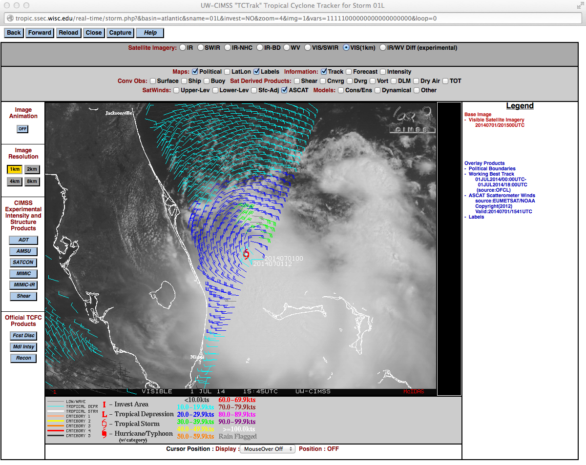 GOES-13 visible images with Metop ASCAT surface scatterometer winds (click to play animation)