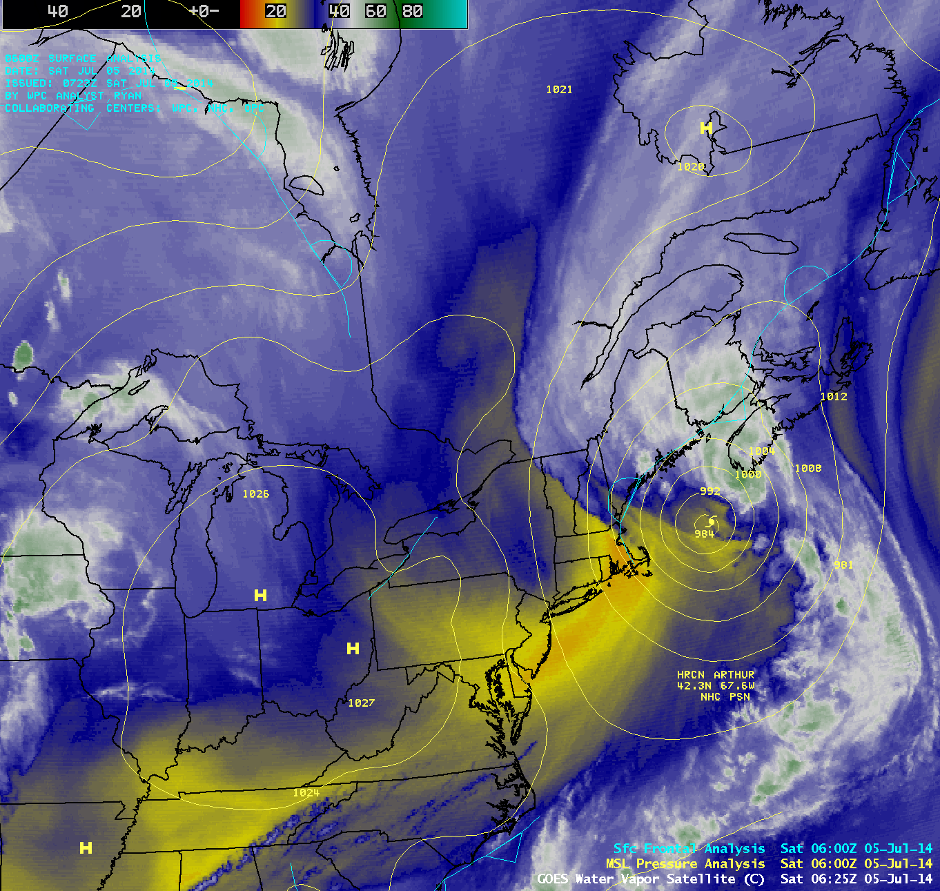 GOES-13 6.5 µm water vapor channel images with surface pressure and frontal analyses