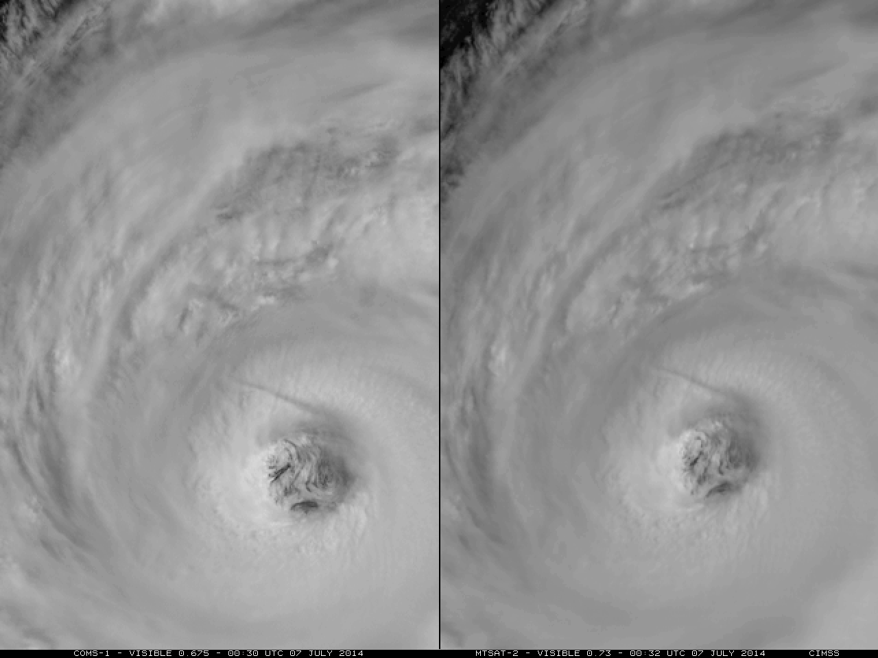 COMS-1 (left) and MTSAT-2 (right) visible channel images [click to play animation]