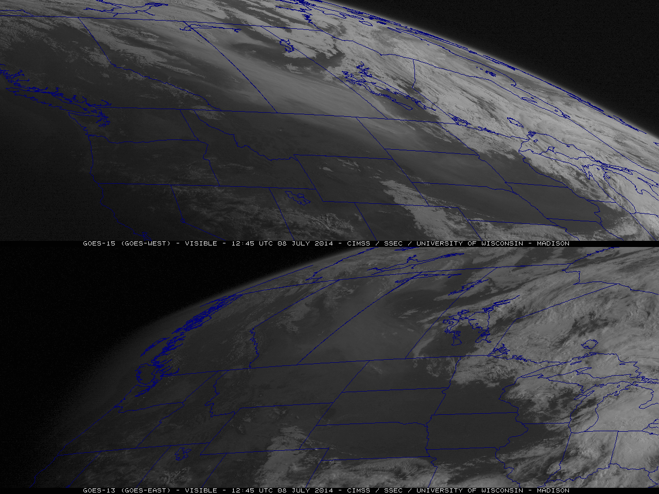 GOES-15 (top) and GOES-13 (bottom) 0.63 µm visible channel images [click to play animation]