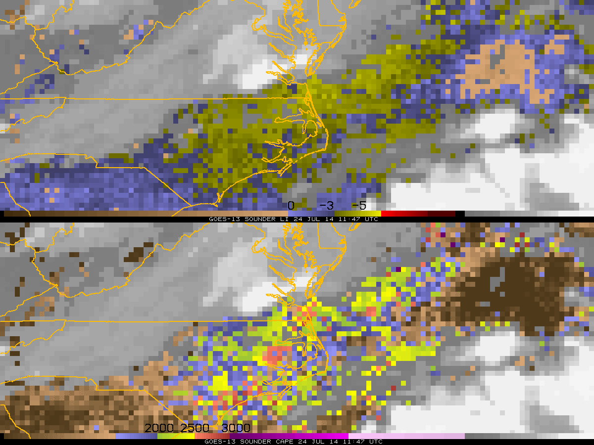 GOES-13 Sounder DPI estimates of Lifted Index (top) and CAPE (bottom) [click to play animation]