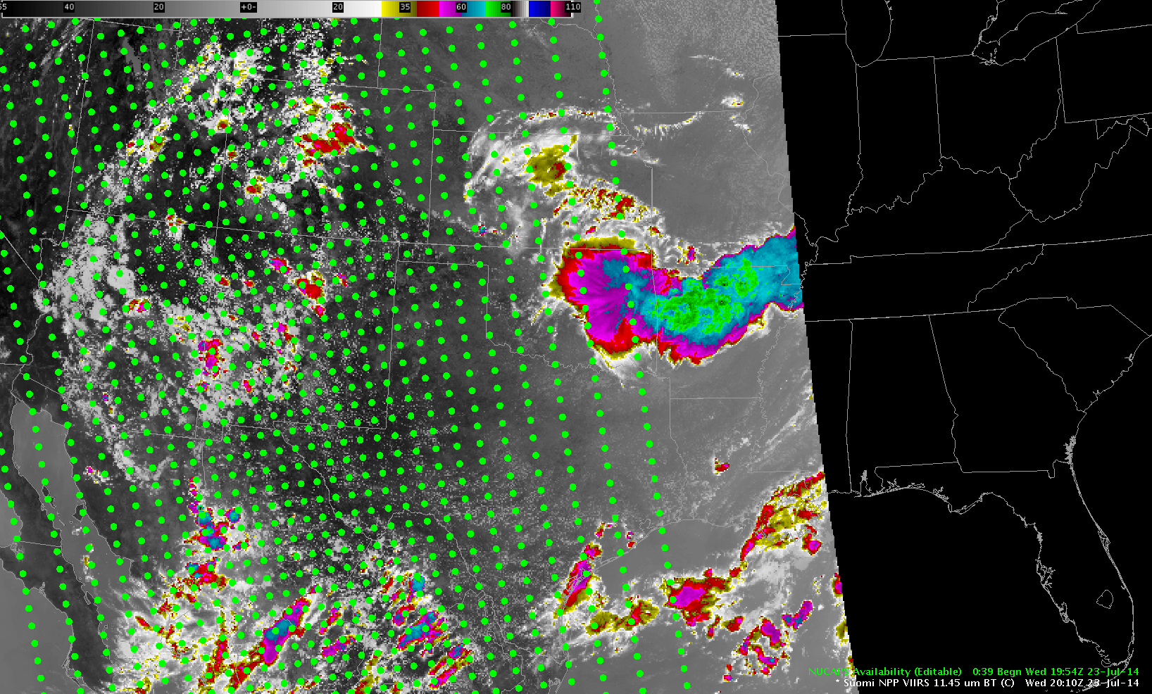 Suomi NPP VIIRS 11.35 µm Imagery at 2010 UTC, with NUCAPS Sounding Locations in Green (Click to enlarge)