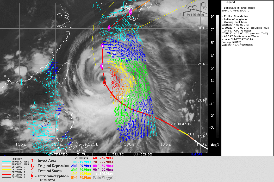 METOP-B ASCAT winds over Neoguri and Observed SSTs (Click to toggle)