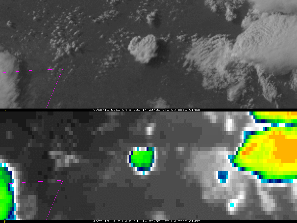 GOES-13 Visible (0.63 µm, top) and Infrared (10.7 µm, bottom) from 2200 UTC 9 July through 0200 UTC 10 July (click to animate)
