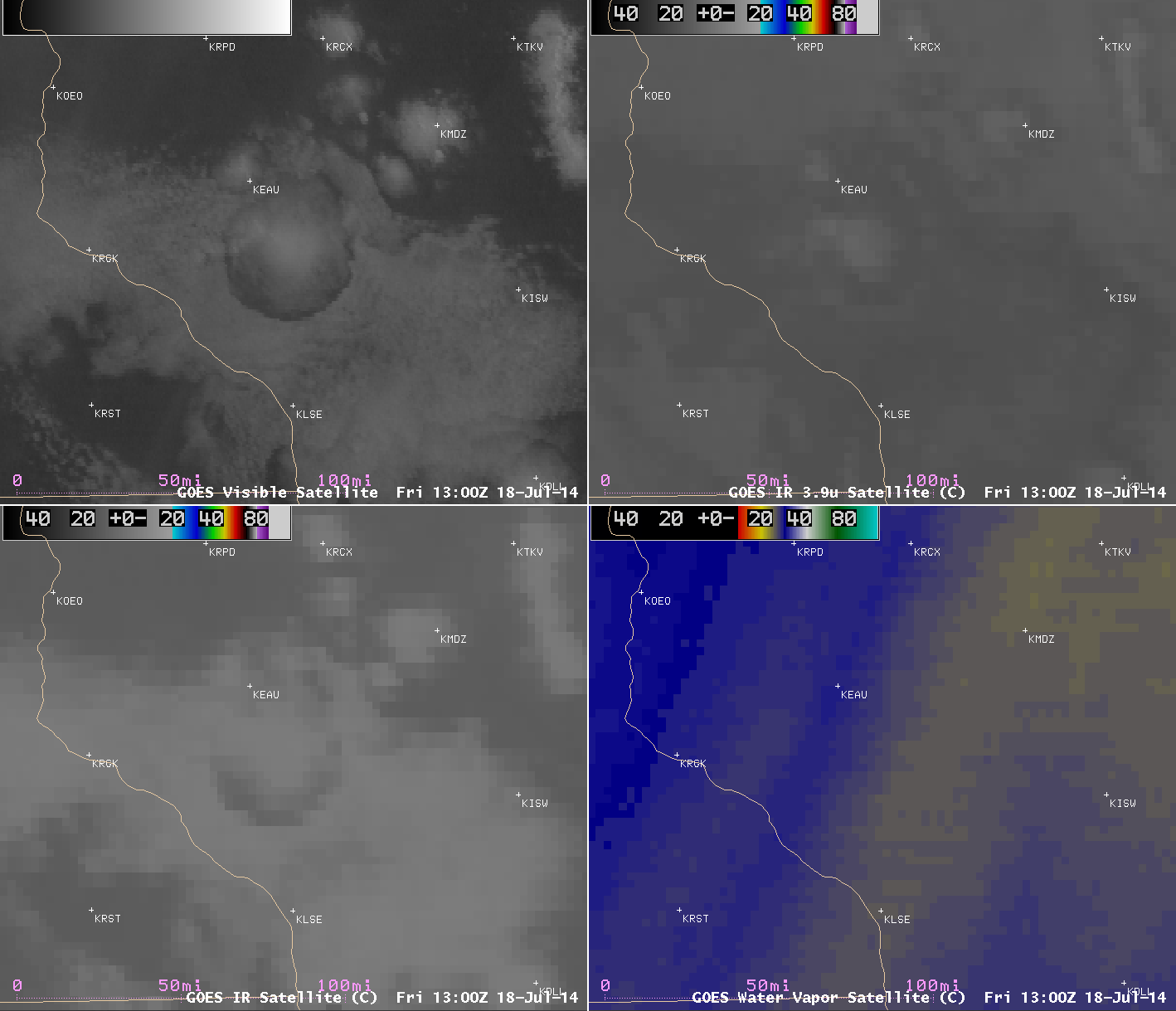 GOES-13 0.63 µm visible (upper left), 3.9 µm shortwave IR (upper right), 10.7 µm IR (lower left), and 6.5 µm water vapor (lower right) images [click to play animation]
