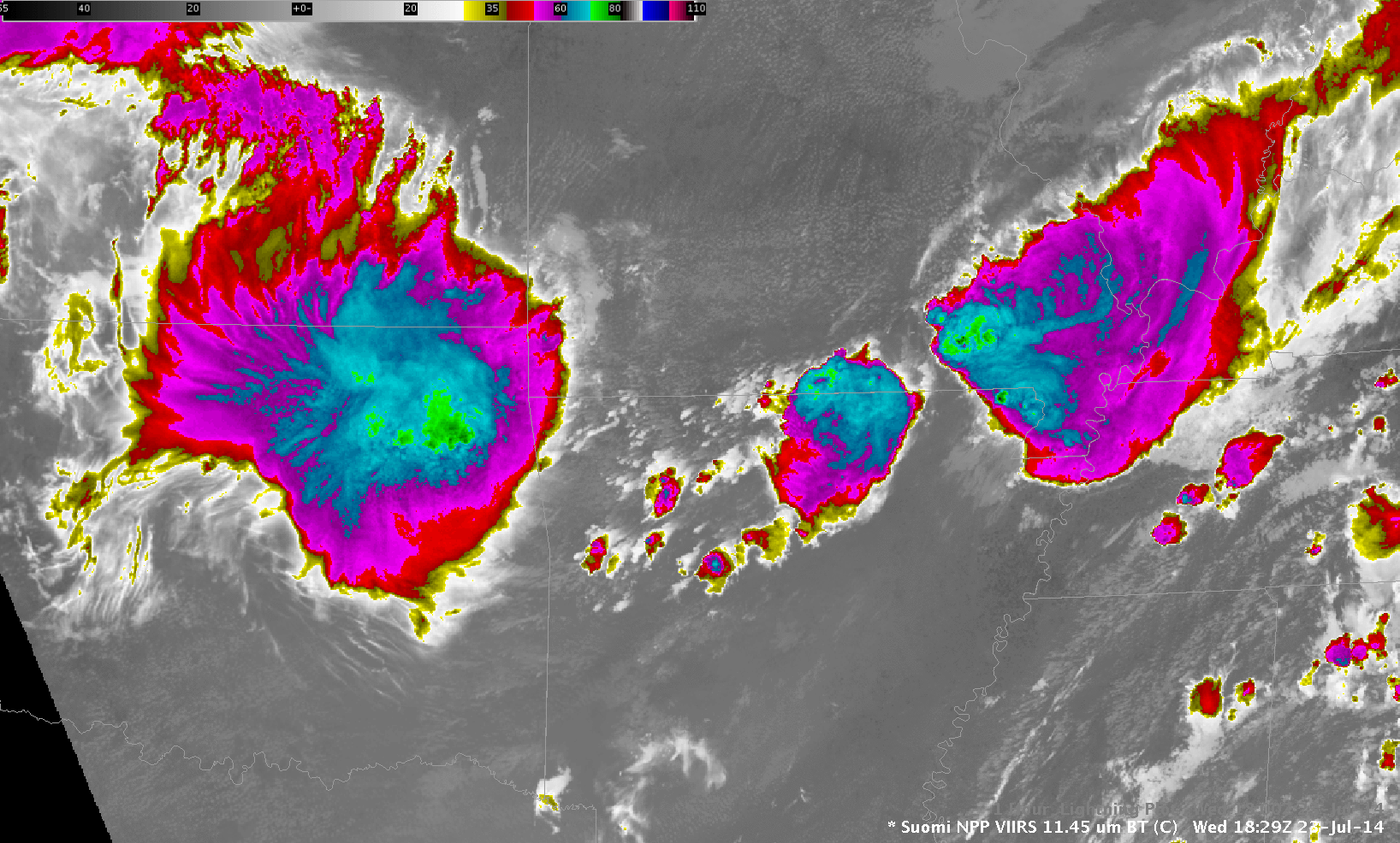 Suomi NPP VIIRS 11.35 µm infrared channel images (click to enlarge)