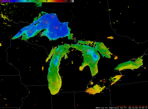 Suomi NPP VIIRS Sea Surface Temperature product over the Great Lakes, with bouy data, ~1900 UTC 10 July 2014