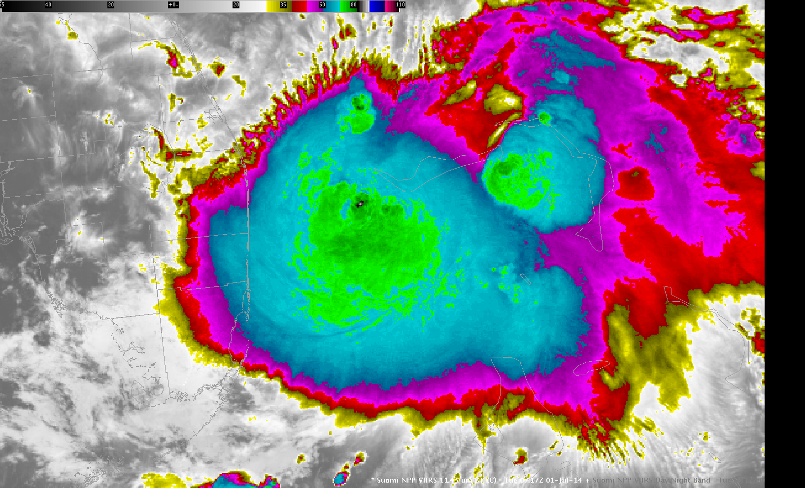 Suomi NPP VIIRS 11.35 µm infrared imagery, Day/Night Band imagery (0.70 µm) and lightning data at ~0715 UTC on 1 July 2014 (click to toggle through images)