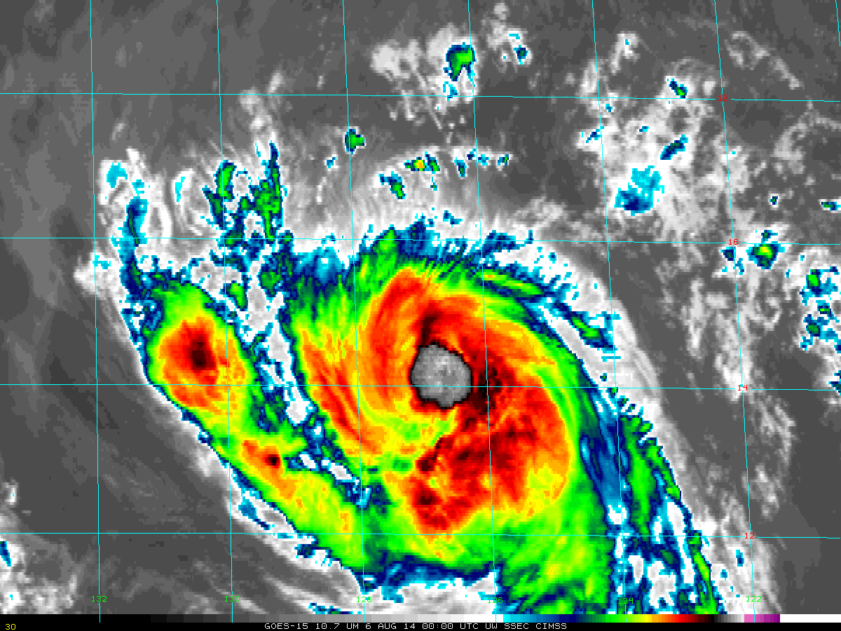 GOES-15 10.7 µm infrared Imagery, 00 and 12 UTC 6 August 2014, of Julio (click to animate)