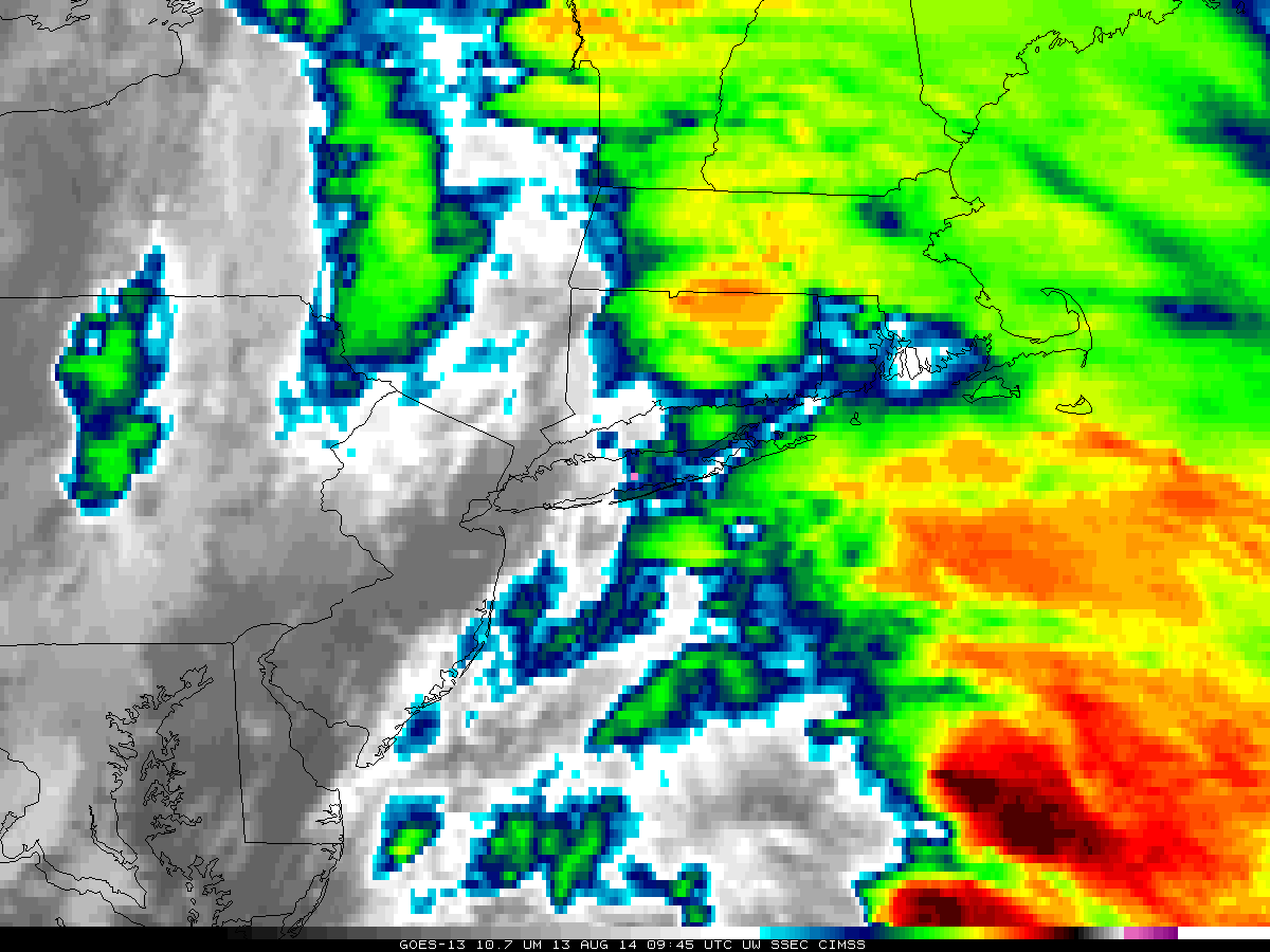 GOES-13 10.7 µm infrared imagery on 13 August 2014; The Islip airport (KISP) is at the violet square (click to animate)