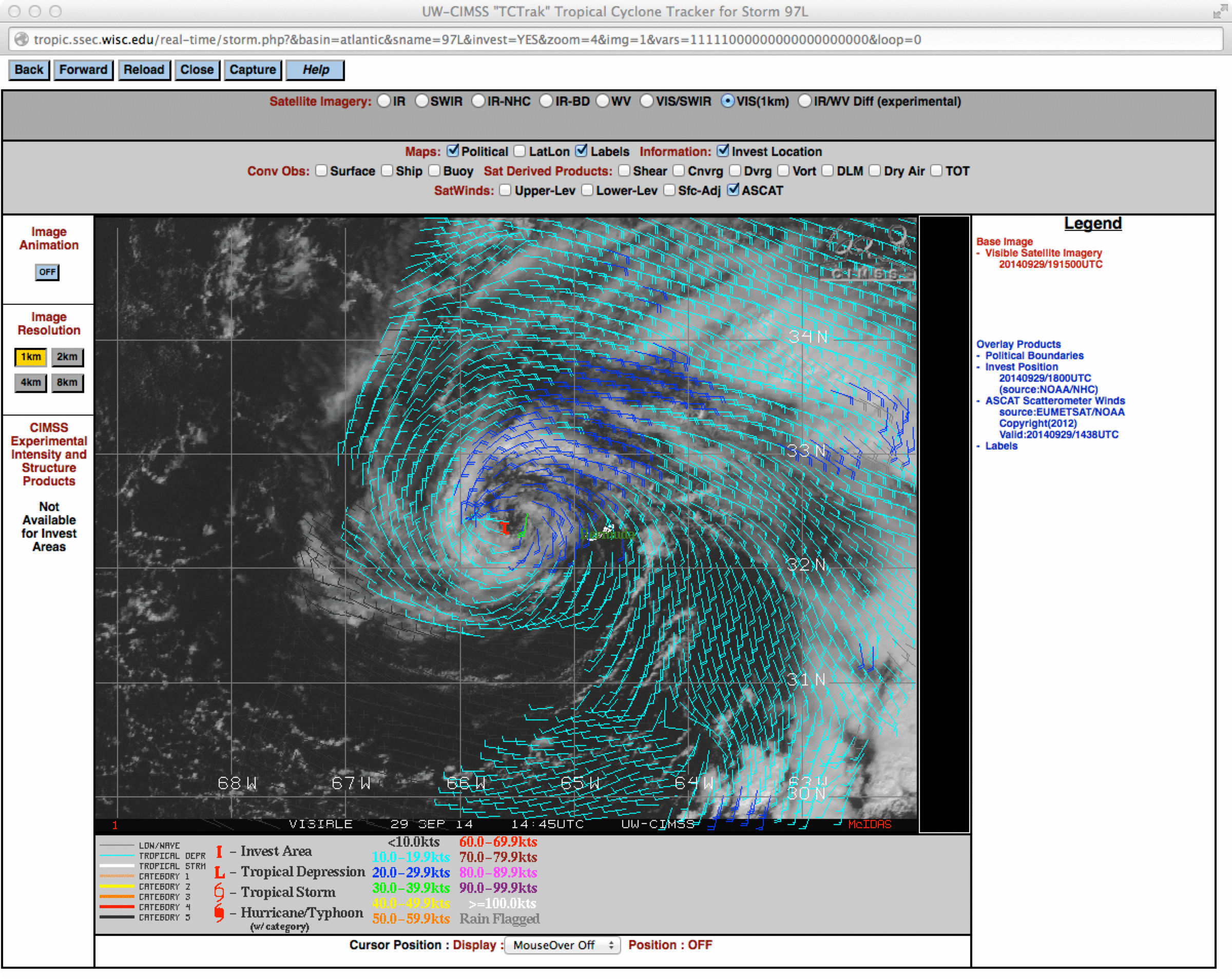 GOES-13 0.63 µm visible channel image with Metop ASCAT scatterometer surface winds
