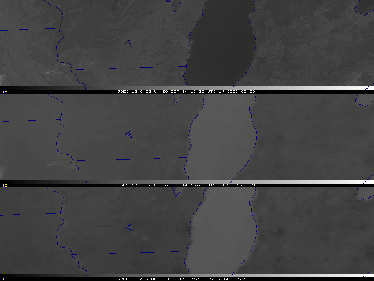 GOES-13 Imagery (0.63µm , top, 10.7µm , middle and 3.9µm micron, bottom) at 1825 and 1830 UTC, 26 September 2014 (click to enlarge)