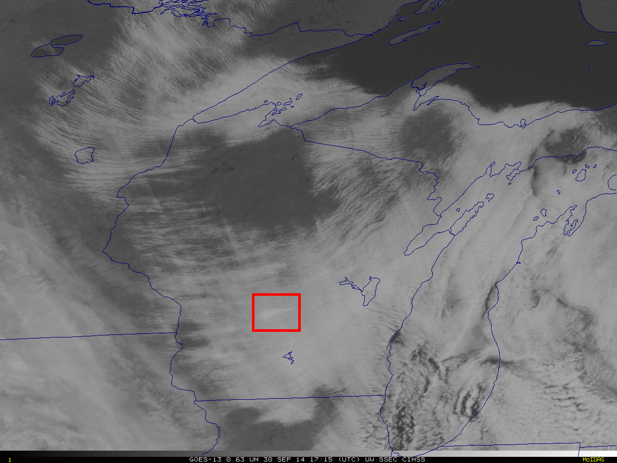 GOES-13 Visible Imagery and Infrared Imagery (0.63 µm, 3.9 µm and 10.7 µm), at 1715 30 September 2014.  The Red box surrounds a Power Plant Plume (click to enlarge)