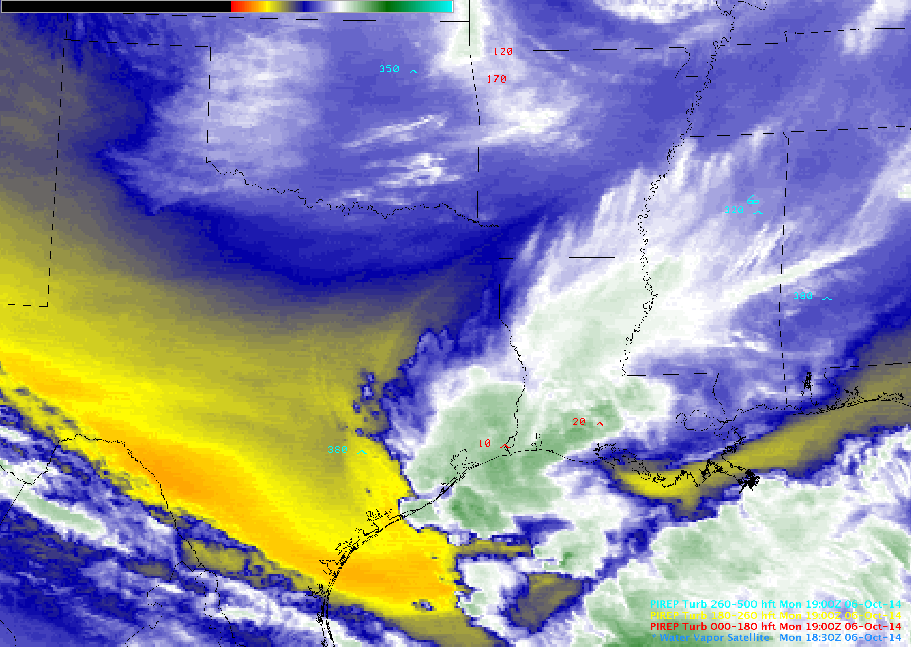 <strong>GOES-13 6.5 µm water vapor channel images, with pilot reports of turbulence</strong> (click to play animation)