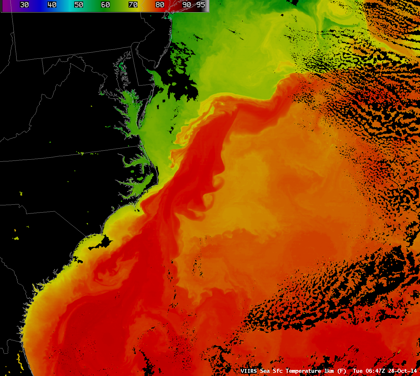Suomi NPP VIIRS Sea Surface Temperature product (click to enlarge)