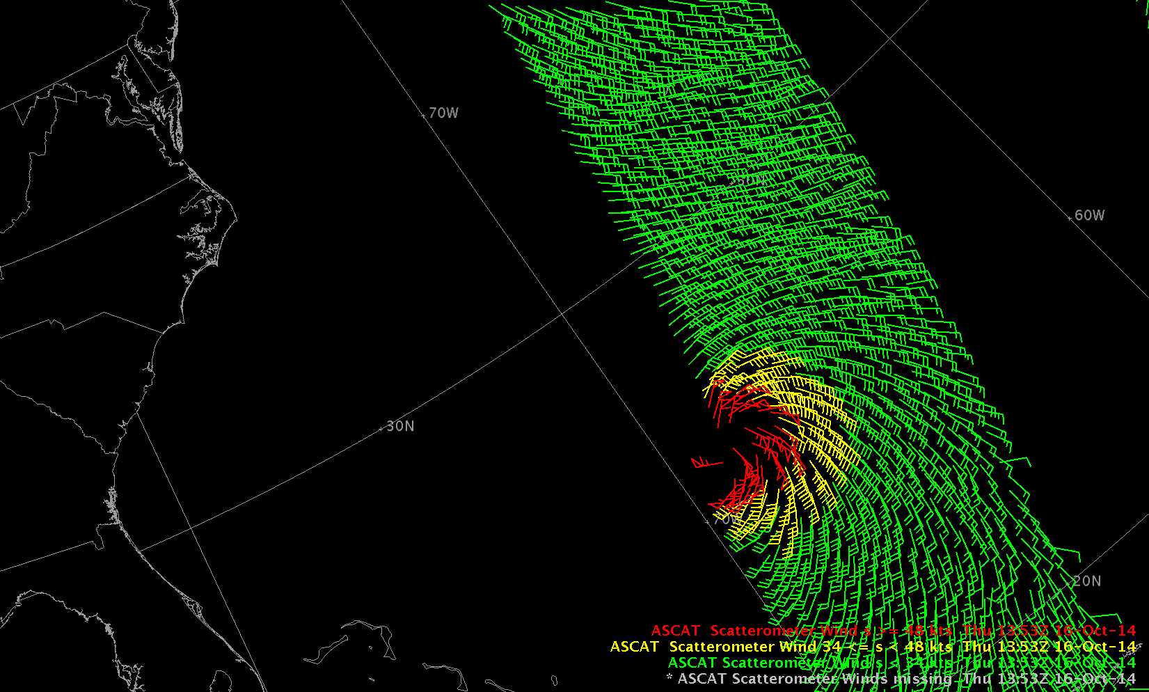 METOP-A ASCAT Scatterometer winds, 1353 UTC 16 October 2014 (click to enlarge)