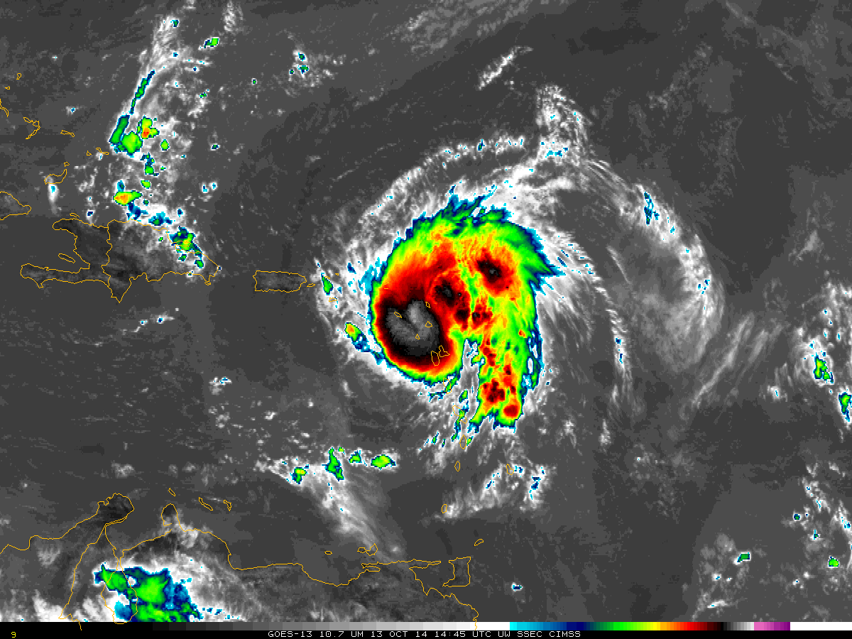 GOES-13 10.8 µm Infrared Imagery every six hours from 2045 UTC 12 October through 1445 UTC 13 October (click to play animation)