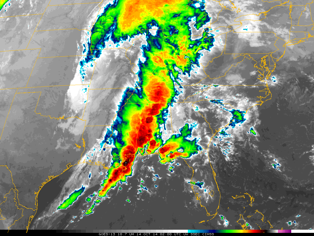 GOES-13 10.7 µm Infrared Imagery, 1600 UTC 13 October - 0700 UTC 14 October 2014 (click to animate)