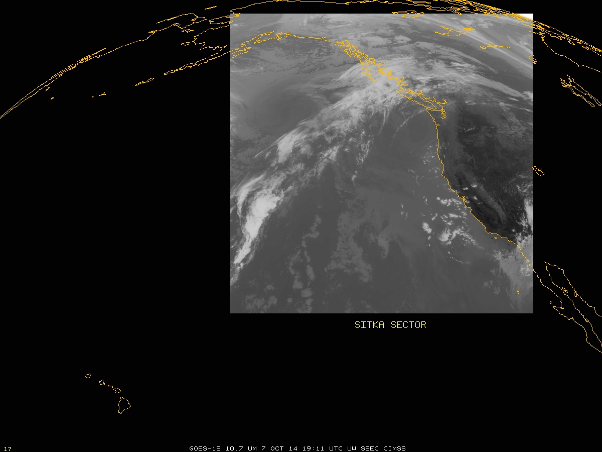 GOES-15 10.7 µm infrared channel imagery in Sitka Sector (click to enlarge)