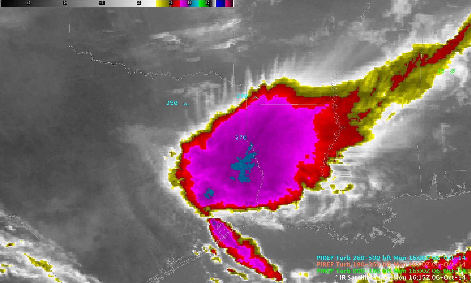 GOES Infrared Imagery(10.7 µm) at 1600 UTC, and Pilot Reports of Turbulence (click to enlarge)