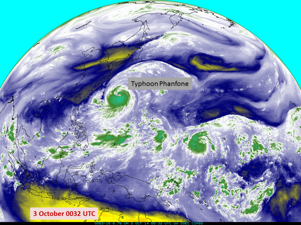 MTSAT-2 and GOES-15 Water Vapor (6.5 µm)Infrared imagery, times as indicated (click to enlarge)