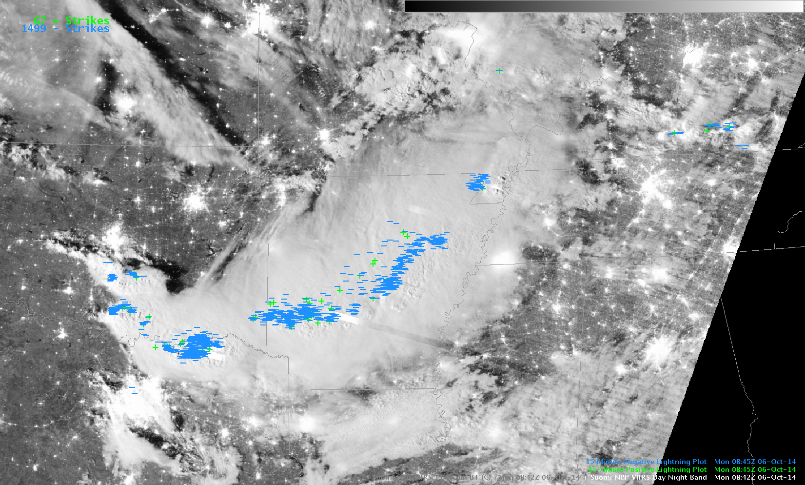 <strong>Suomi NPP VIIRS Day/Night Band (0.70 µm), Infrared Imagery (11.45 µm) and Day/Night Band imagery with lightning strikes at 0842 UTC on 6 October 2014</strong> (click to animate)