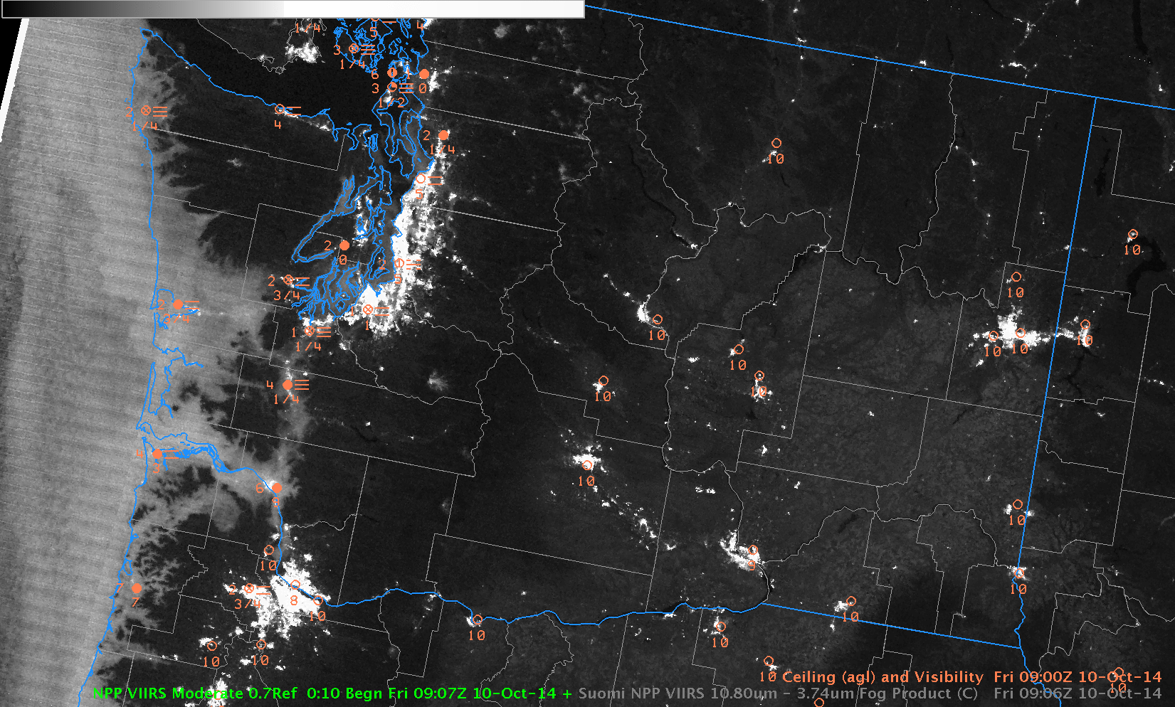 Suomi NPP 0.7 µm visible Day Night Band imagery at 0907 and 1048 UTC over Washington State with surface observations of ceilings and visibilities (click to enlarge)