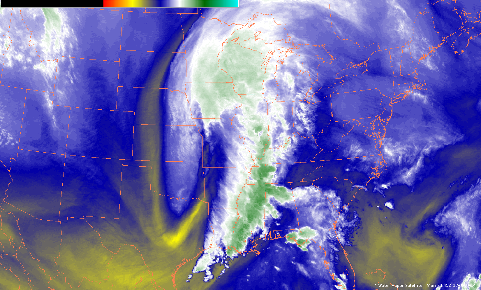 GOES-13 Water Vapor 6.7 µm Infrared  Imagery, 1200-2100 UTC 13 October (click to animate)