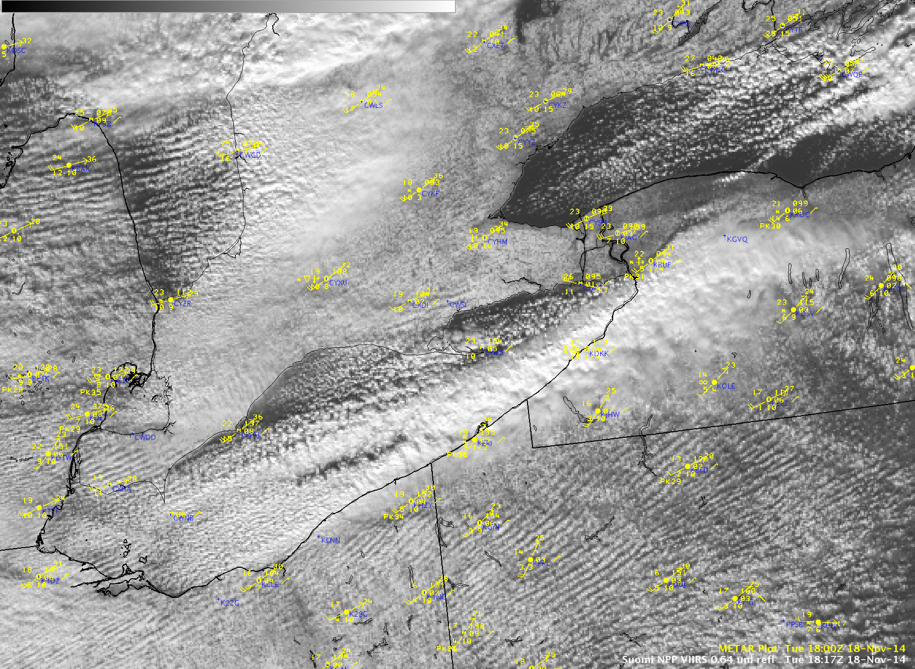 Suomi NPP VIIRS 0.64 µm visible channel and 11.45 µm IR channel images