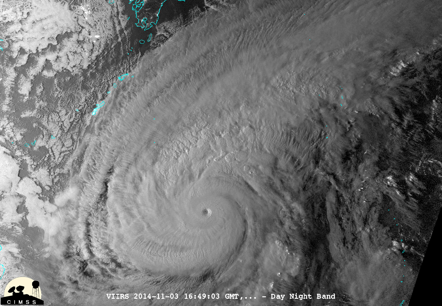 Suomi NPP VIIRS Day Night Band and 11.45 µm Infrared images of the typhoon (click to enlarge)