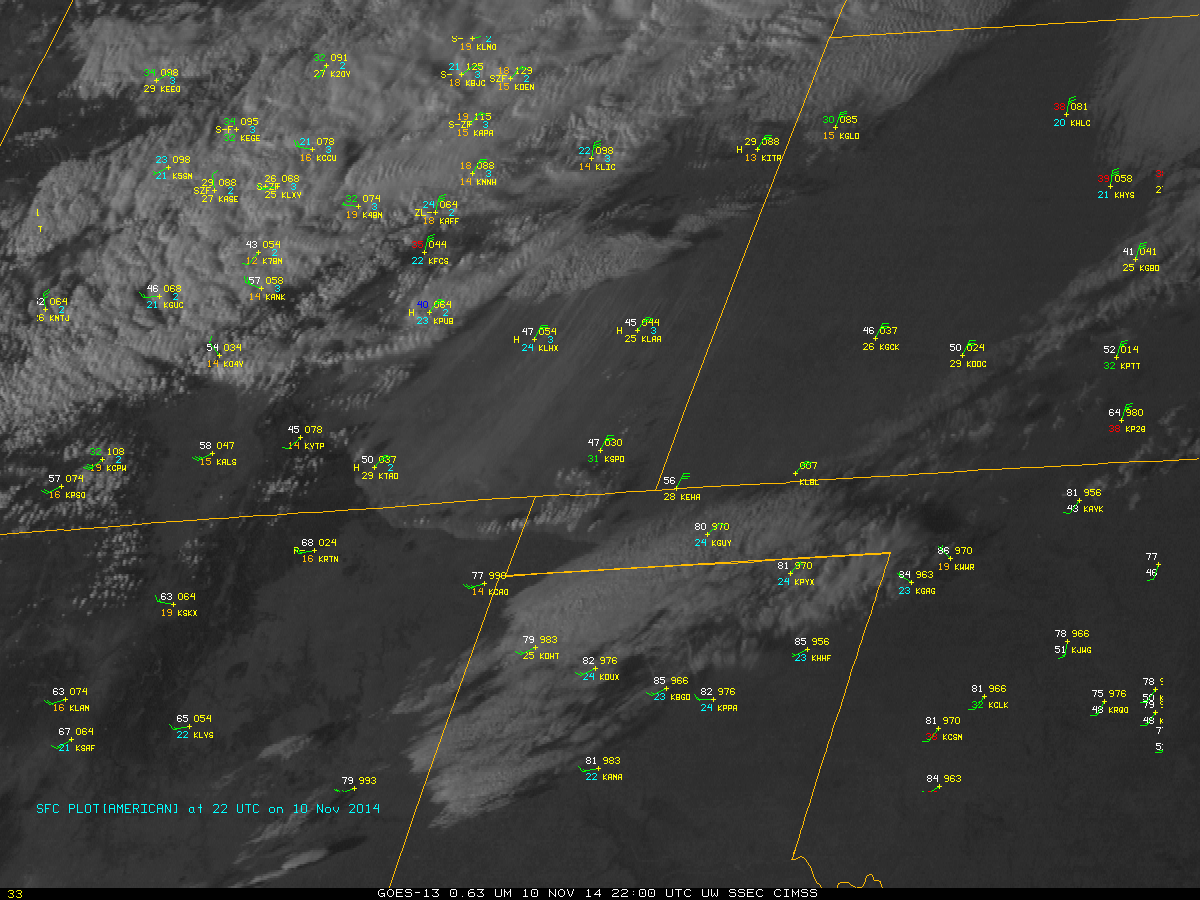 GOES-13 0.63 µm Visible imagery and surface observations (click to play animation)