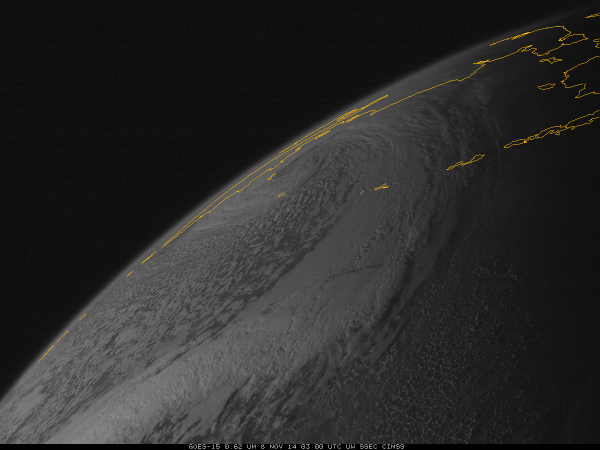 GOES-15 0.62 µm IR Visible Imagery on 7, 8 and 9 November 2014 (click to play animation)