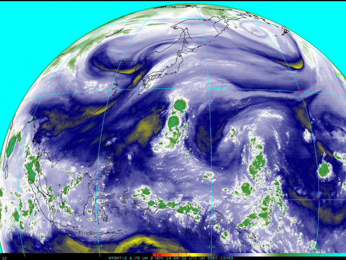 MTSAT-2 6.75 µm IR water vapor channel images (click to play animation)